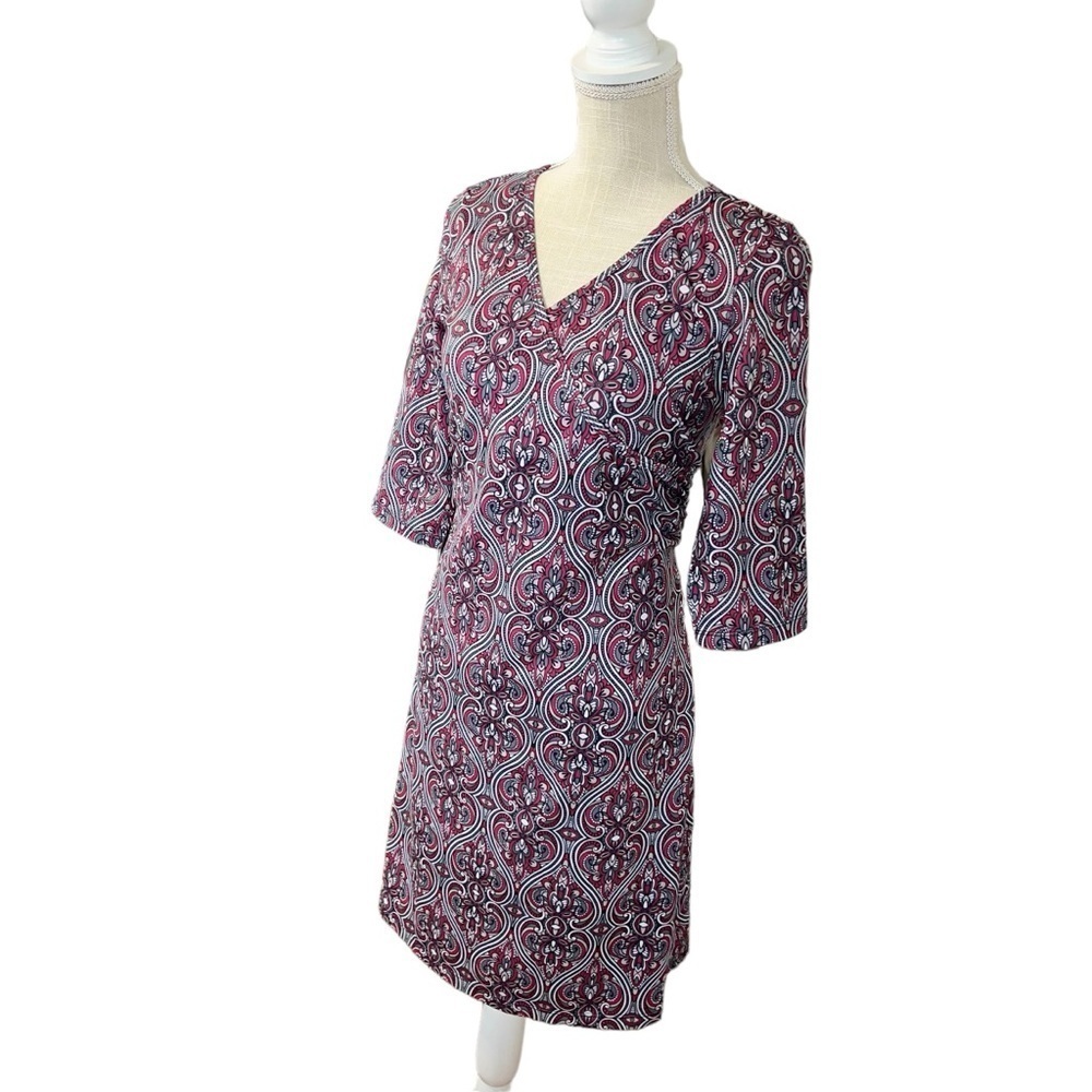prAna Womens Veeda Red NADIA VNECK Faux Wrap DRESS 3/4 Sleeves Stretch Sz LG - Picture 2 of 12